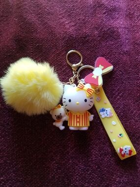 Yellow Hello Kitty Pom-Pom Keychain with Bow Strap and Teddy Charm